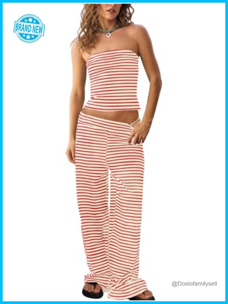 Striped 2 Piece Lounge Set: Strapless Crop Top & Wide Leg Pants